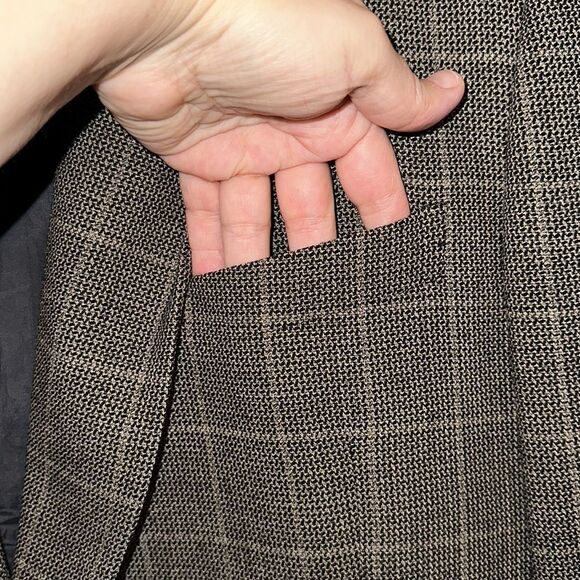 MANI SAKS 44L Brown Plaid Mini Houndstooth Pure Virgin Wool Blazer Jacket - Picture 7 of 15